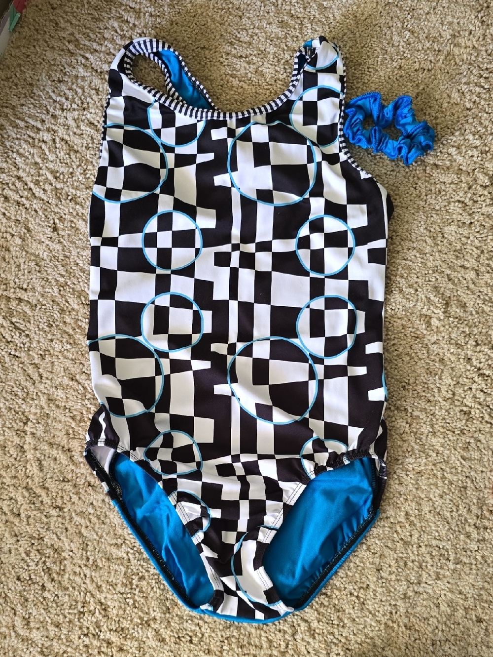 GK adult large Black & White Geometric leotard w Blue accents  & hair scrunchie